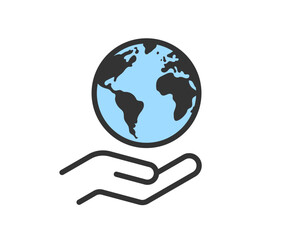 Hand holding planet earth. World environment conservation linear icon. Human protect nature. Save the planet.