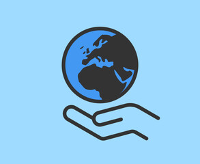 Hand holding planet earth. World environment conservation linear icon. Human protect nature. Save the planet.