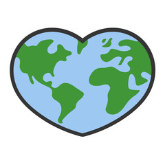 Heart shaped planet earth icon. Save the world. Eco friendly environmental message. Love world map.