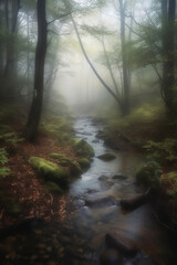 Obraz premium creek running through green forest in morning fog
