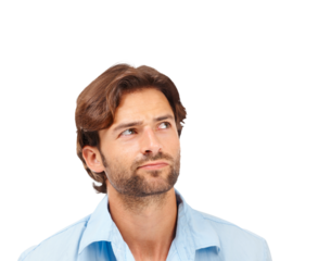 Business man, headshot and thinking for vision, brainstorming or focus by png background. Isolated businessman, entrepreneur and think with ideas, mindset or planning strategy in corporate management