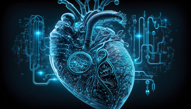 Abstract image of technological heart with artificial intelligence, cyber man blue banner. Generation AI