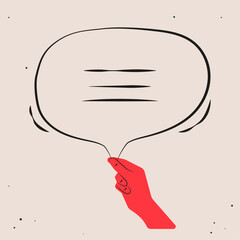 Red hand holding a message footnote bubble. Flat cartoon illustration style, retro, vintage. Advertising, message, blog.