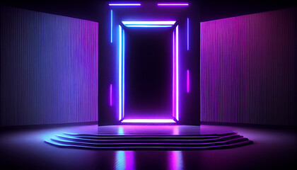 Dark neon stage with blue purple neon smoke in background. Neon empty stage Ai generated image
