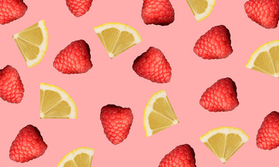 un pattern creato da lamponi e fette di limone con sfondo colorato, lamponi e limoni  isolati