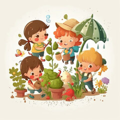 Obraz na płótnie Canvas Vector of Children playing in the garden