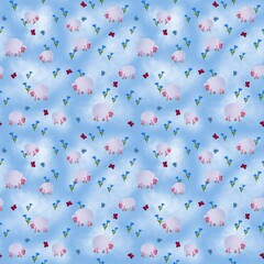 Pattern for children with white sheeps and blue flowers