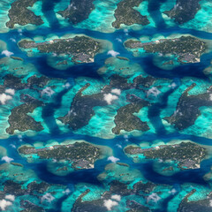 Fototapeta na wymiar Maldives islands atoll aerial panorama blue water reef. AI generative illustration.