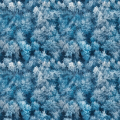 Aerial top view of pine and spruce trees forest covered with snow. AI generative illustration.