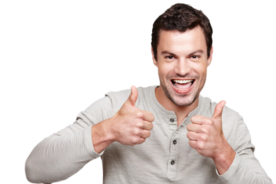 Happy man, thumbs up and portrait isolated on transparent, png background for success, support or thank you hands. Young winner, model or casual person in yes, ok and subscribe or winning emoji sign - Powered by Adobe