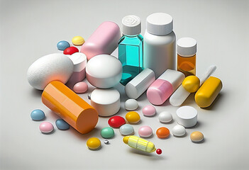 A lot of medicines stand on a white background. AI Generated