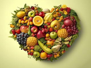 Heart of fruits and vegetables on dark background