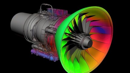 finite element analysis of a jet motor engine, isolated industrial computer aided system data, magnitude of displacement and deformation vibro investigation 