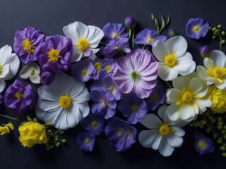 Colorful spring flowers on dark grey background, Generative AI
