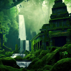 Stone temple ruins covered with moss and a waterfall in a jungle, generative AI