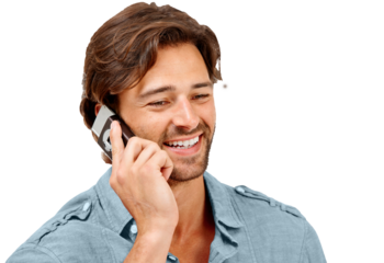 Phone call, smile and man talking on a cellphone for discussion or communication with technology. Networking, happiness and male model on a mobile conversation isolated by transparent png background.