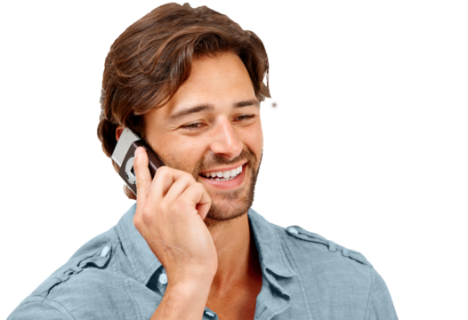 Phone call, smile and man talking on a cellphone for discussion or communication with technology. Networking, happiness and male model on a mobile conversation isolated by transparent png background.