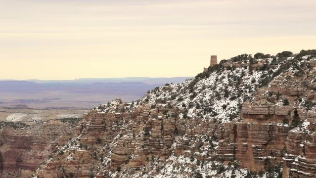 Desert View Watchtower and Grand Canyon National Park in winter with snow in Arizona, USA