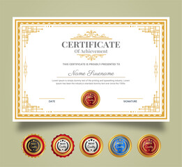 Certificate of Appreciation and Achievement template. Clean modern certificate with gold badge. Diploma award design for business and education needs.