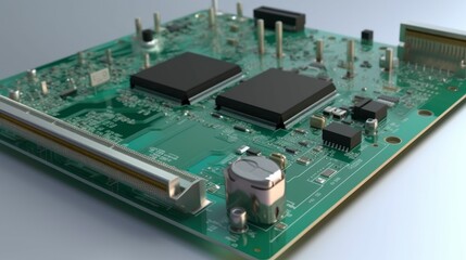 a close up view of an electronic circuit board hardware, schematic pcb illustration, micro chip core, capacitor printed ai computer, light indigo and green, generative ai 