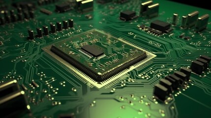 a close up view of an electronic circuit board hardware, schematic pcb illustration, micro chip core, capacitor printed ai computer, light indigo and green, generative ai 