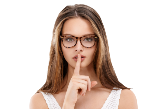 Woman with finger to lips in portrait, secret or silence with mystery isolated on transparent, png background. Emoji, young female model with keep quiet gesture and privacy with confidential signal