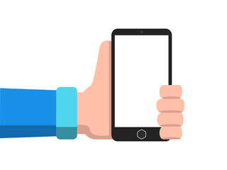 Hand holding mobile phone with white screen. Vector illustration.