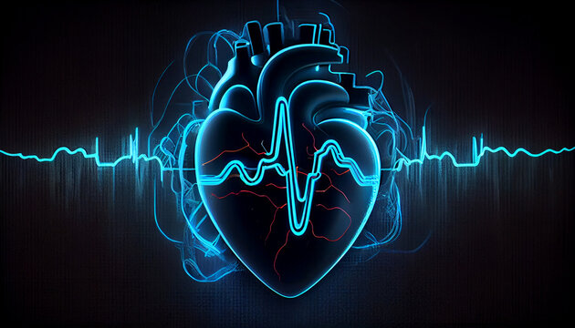 Emergency monitoring Blue glowing neon heart shape. World Health Day Concept. Ai generated image