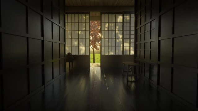 japanese wooden corridor with shoji sliding doors in the evening sunlight