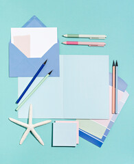 Minimal background setting with pastel shades for business planning. Compositions of office supplement, stationary and colour swatches. Template for a study planner, art sketchbook, design, writing.