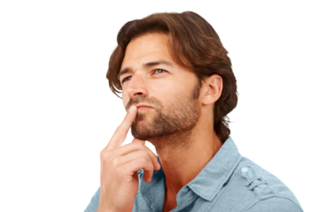 Businessman,thinking, and ideas and for strategy, planning and brainstorming. Young male entrepreneur, vision and thoughtful with goals, ideas and plans isolated on a transparent png background