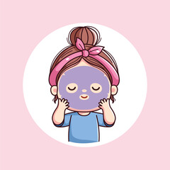 Cute girl with skincare sheet mask daily activity routine with pink headband kawaii chibi flat character