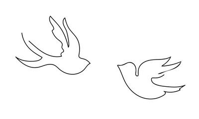 Line art bird. Flying pigeon outline drawing. Black and white vector illustration. Black solid line on white background. Cartoon icon of two birds. Minimal logo design element, vector illustration.