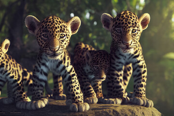 Fototapeta premium Spotted kittens of a wild African leopard, Panthera pardus pardus, generative ai