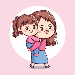 happy mothers day illustration of mother and daughter kawaii chibi flat character