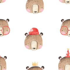 Seamless pattern with cute bears wearing round glasses, crown and festive cap. Watercolor hand-drawn illustration of bears. Kids texture for fabric, wrapping, textile, wallpaper, apparel. Boho animal.