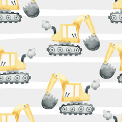 Seamless pattern with cute yellow excavators on a striped background. Watercolor hand-drawn illustration of construction trucks.  Kids texture for fabric, wrapping, textile, wallpaper, apparel. © ZHUKO