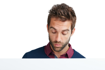 Interested, thinking and wondering man on png background for ideas, news and notification. Announcement, curious and reading with male isolated on transparent for information, promotion and deal