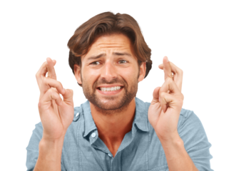 Stress, fingers crossed and man with luck, wish or anxiety against a transparent background. Male, person or model excited, emoji or hand gesture with png, worry or facial expression with opportunity