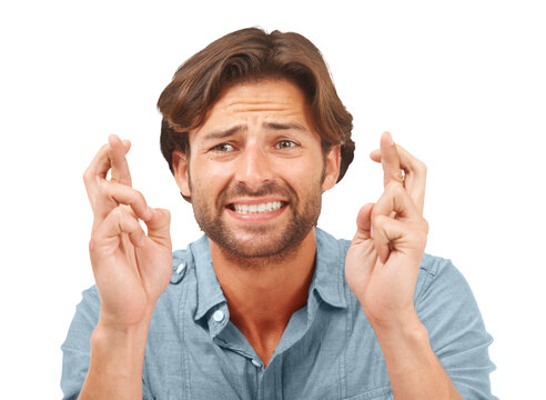 Stress, Fingers Crossed And Man With Luck, Wish Or Anxiety Against A Transparent Background. Male, Person Or Model Excited, Emoji Or Hand Gesture With Png, Worry Or Facial Expression With Opportunity