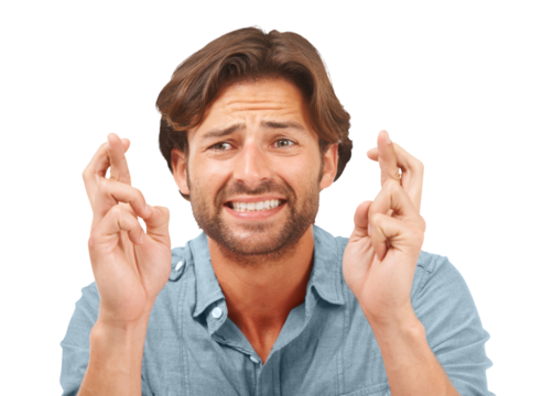 Stress, fingers crossed and man with luck, wish or anxiety against a transparent background. Male, person or model excited, emoji or hand gesture with png, worry or facial expression with opportunity