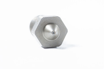 Close-up of a hotend, part of a 3D printer, isolated on a white background