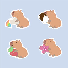 Obraz premium Set of cute capybara hold various object stand on white background.Friendly animal character cartoon design.Flower, strawbery, ice cream, rainbow, hand drawn. Kawaii.