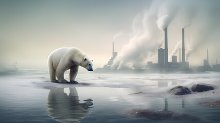 Stranded polar bear on a melting iceberg with distant industrial smokestacks, illustrating climate change impact on wildlife - Generative AI