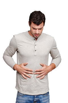 Sick, stomach pain and man with abdominal problem is hungry or sick isolated in a transparent png background. Problem, belly and stressed male person with a stomachache, issue or painful ibs