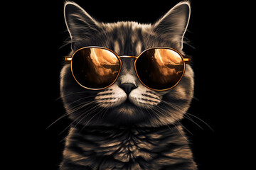 Cool Cat with mirror sunglasses Summer. Image on black background created with generative AI