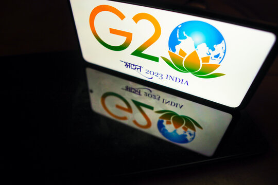 April 20, 2023, Brazil. In this photo illustration, the 2023 G20 New Delhi summit logo is displayed on a smartphone screen. Event will take place between 9&ndash;10 September 2023.