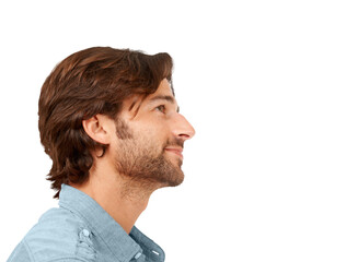 Obraz premium Businessman smile, thinking and looking for ideas, goals and inspiration. Happiness, contemplation and young male employee with motivation, vision, and plan isolated from a transparent png background