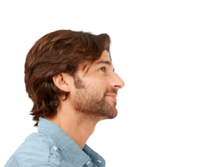 Businessman smile, thinking and looking for ideas, goals and inspiration. Happiness, contemplation and young male employee with motivation, vision, and plan isolated from a transparent png background