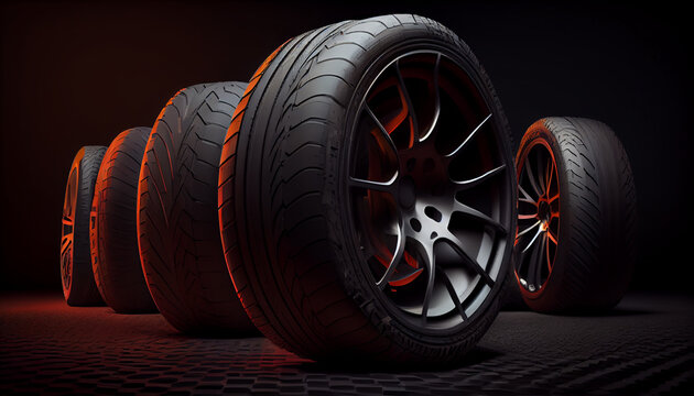 New realistic group of car tires on dark background Ai generated image